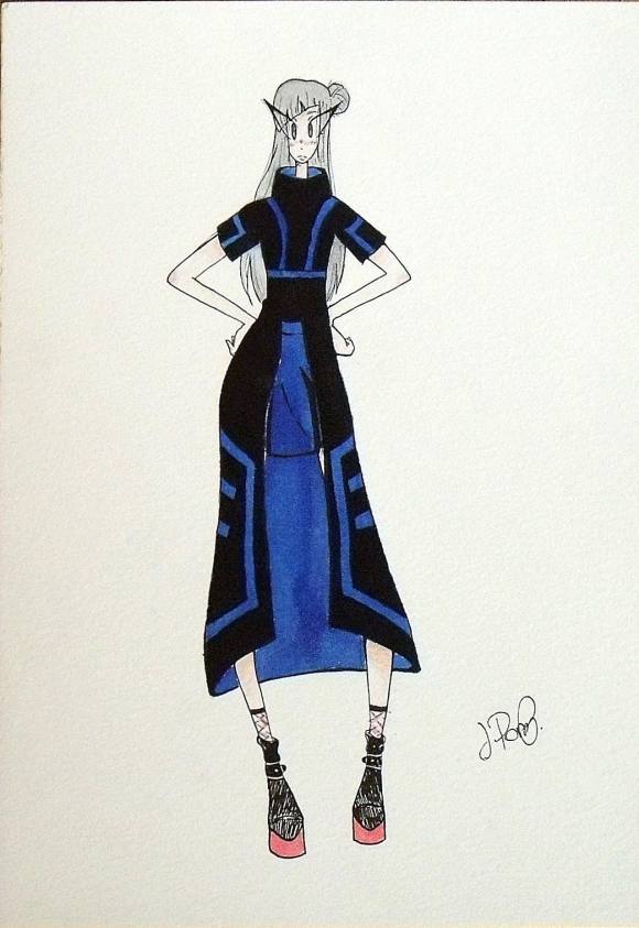 Julia Pons Pallas. Fashion Figurine drawing. Anime type. Watercolor and ink. Hand signed.