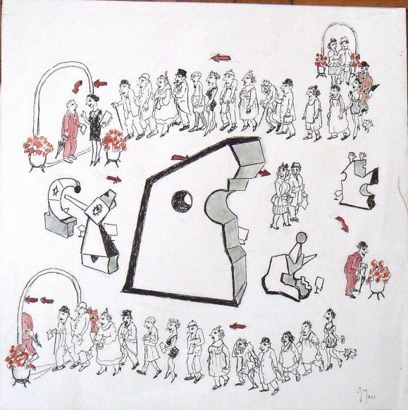 Joaquim Bartra. Humorous and ironic drawing. Hand signed.