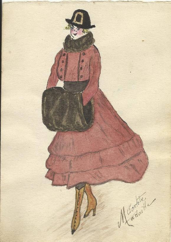 Paulette. French fashion illustration or drawing in ink and watercolor. 