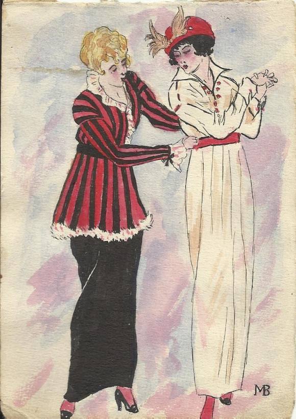 M. B. French fashion illustration or drawing in ink and watercolor 