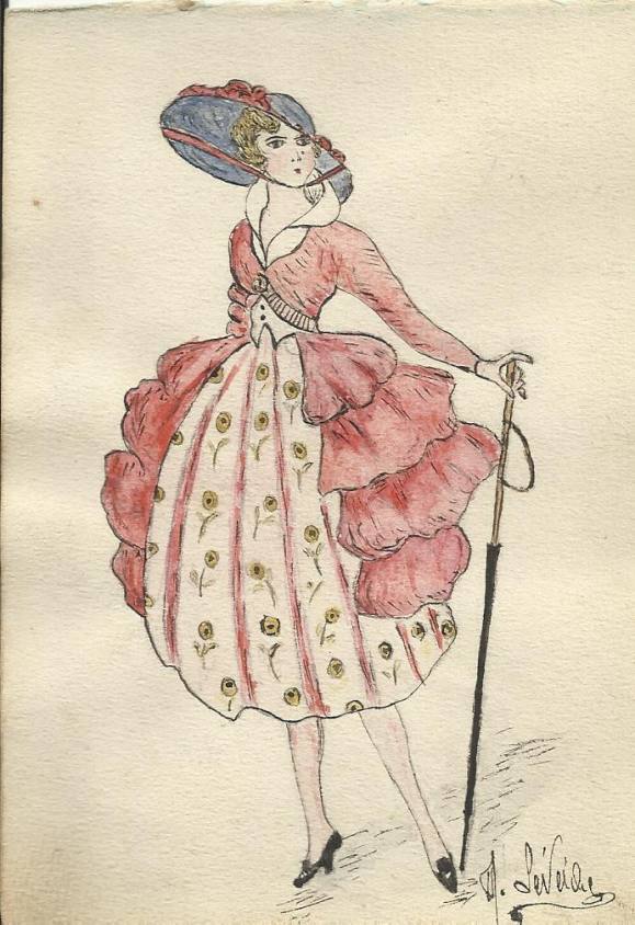 M. Leveiche. French fashion illustration or drawing in ink and watercolor 