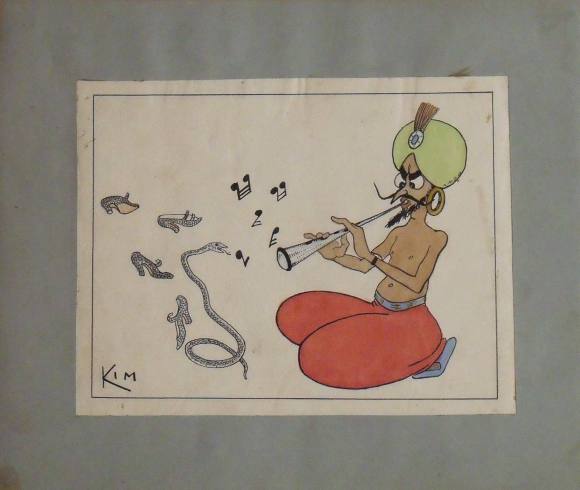 Joaquim Muntañola. I draw ink and watercolor “Snake Charmer”. Hand signed Kim. 26x30 cm.