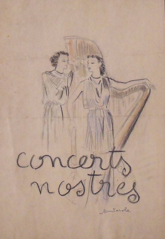 Joaquim Muntañola. I draw pencil and color ”Concerts nostres”. Hand signed. 33x23cm. Harp. 