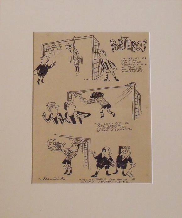 Joaquim Muntañola. Ink drawing ”Goalkeepers, soccer”. Hand signed.