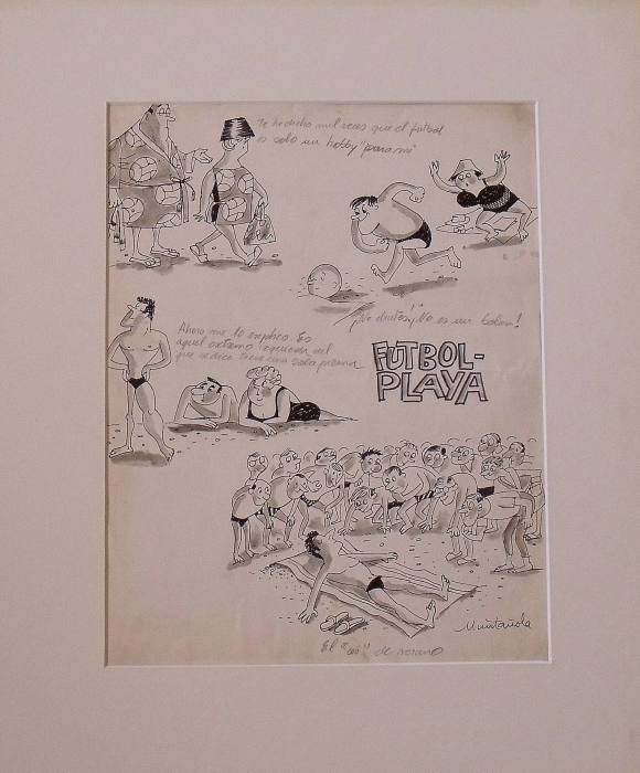 Joaquim Muntañola. “Beach Soccer” ink drawing. Hand signed. 