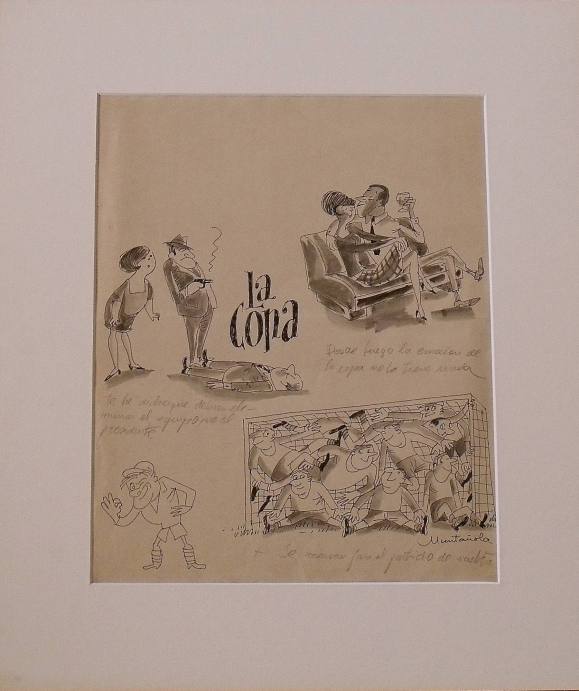 Joaquim Muntañola. Ink drawing “The Cup. Football”. Hand signed.