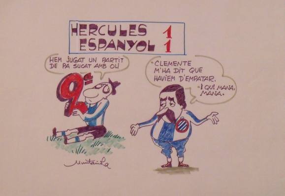 Joaquim Muntañola. Marker drawing ”Hércules 1 Espanyol 1”. Hand signed. Soccer. 35x50cm.