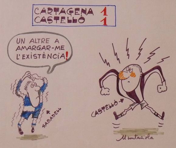 Joaquim Muntañola. Marker drawing “Cartagena 1 Castelló 1”. Hand signed. Football. 35x50 cm.
