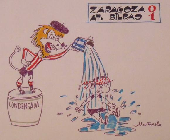 Joaquim Muntañola. Marker drawing ”Zaragoza 0 Bilbao 1”. Hand signed. Soccer. 35x50cm.