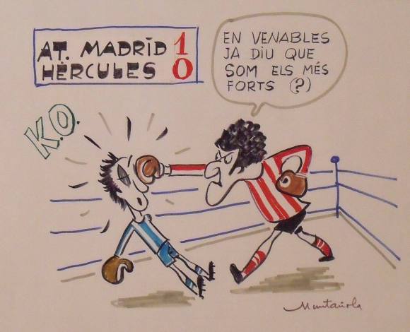 Joaquim Muntañola. Marker drawing ”At. Madrid 1 Hercules 0”. Hand signed. Soccer. 35x50cm.