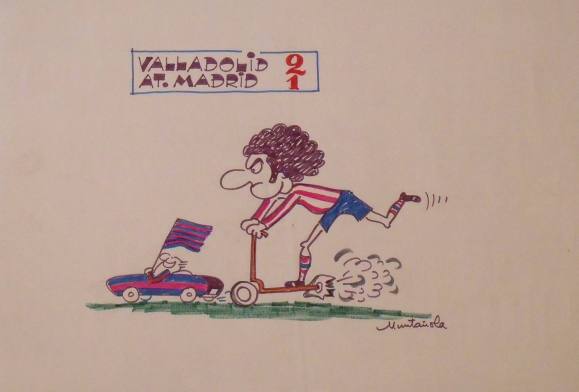 Joaquim Muntañola. Marker drawing ”Valladolid 2 At. Madrid 1”. Hand signed. Soccer. 35x50cm.