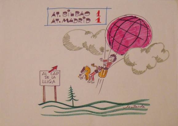 Joaquim Muntañola. Marker drawing ”At. Bilbao 1 At. Madrid 1”. Hand signed. Soccer. 35x50cm.