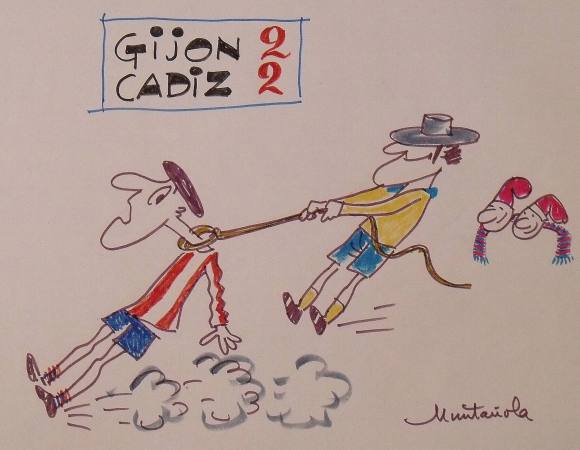 Joaquim Muntañola. Marker drawing “Gijón 2 Cádiz 2”. Hand signed. Football. 35x50 cm.