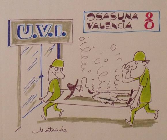 Joaquim Muntañola. Marker drawing “Osasuna 2 Valencia 0”. Signed by hand. Football. 35x50 cm.