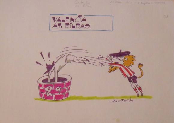 Joaquim Muntañola. “Valencia Bilbao” marker drawing. Hand signed. Soccer. 35x50cm.