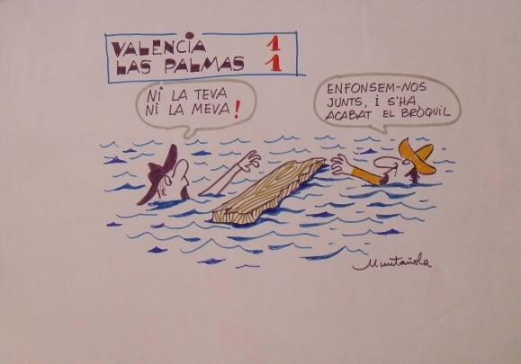 Joaquim Muntañola. Marker drawing “Valencia 1 - Las Palmas 1”. Signed by hand. Football. 35x50 cm.