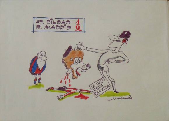 Joaquim Muntañola. Marker drawing ”At. Bilbao 1 R. Madrid 2”. Hand signed. Soccer. 35x50cm.