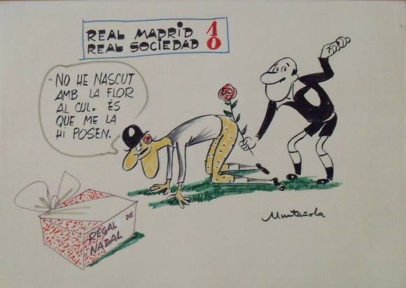 Joaquim Muntañola. Marker drawing “R. Madrid 1 Real Sociedad 0”. Signed by hand. Football. 35x50 cm.