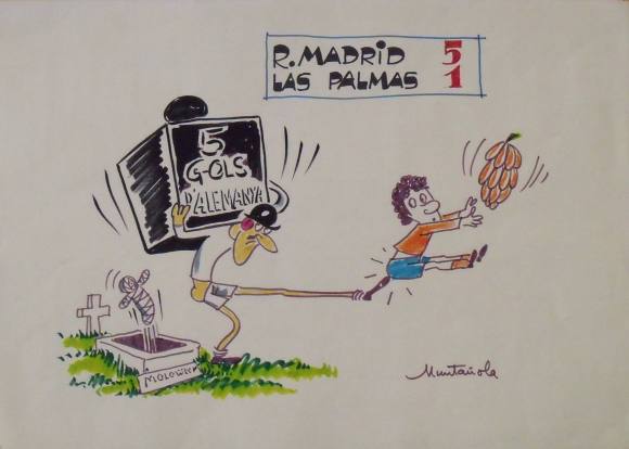 Joaquim Muntañola. Marker drawing “Real Madrid 5 Las Palmas 1”. Hand signed. Football. 35x50 cm.