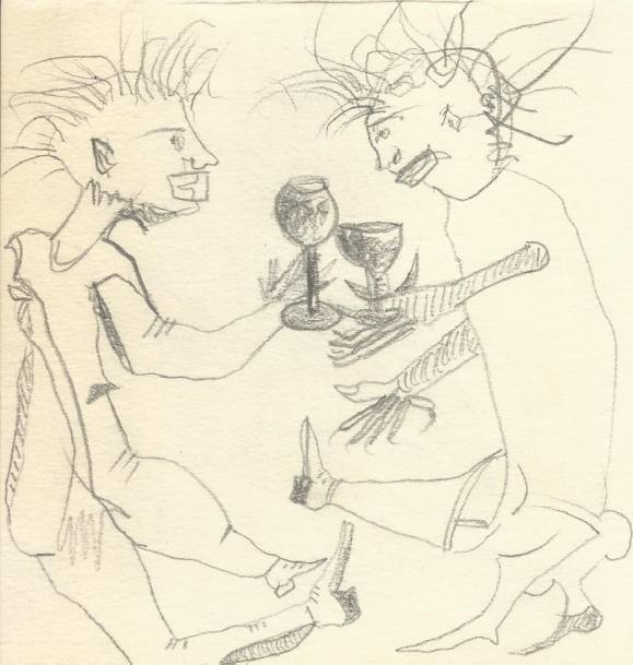 Antonio Beneyto. I draw pencil on paper ”Cups and figures”. Surrealism. Unsigned. 12x11cm. 