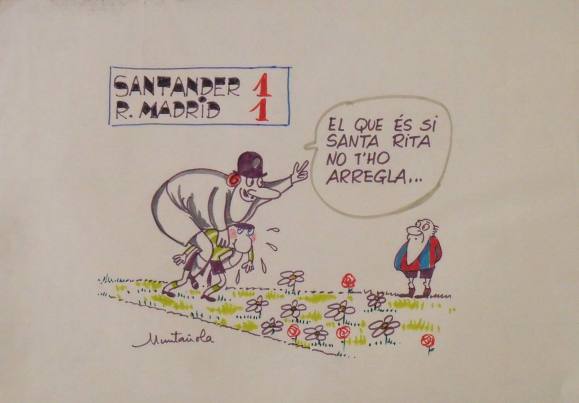 Joaquim Muntañola. “Santander 1 Real Madrid 1” marker drawing. Hand signed. Soccer. 35x50cm.