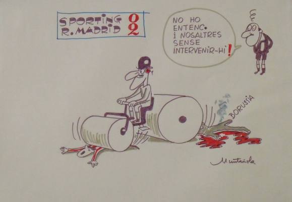 Joaquim Muntañola. Marker drawing ”Sporting Gijón 0 Real Madrid 2” Hand signed. Soccer. 35x50cm.