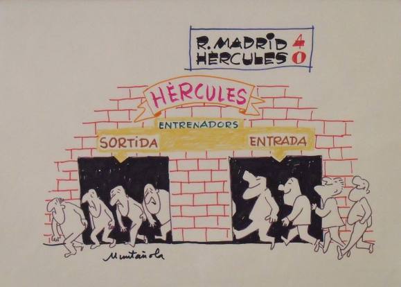 Joaquim Muntañola. Marker drawing ”R. Madrid 4 Hércules 0” Hand signed. Soccer. 35x50cm.