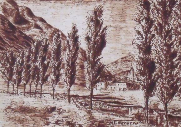 María Teresa Navarro. I draw ink on paper. Mountainous landscape. Hand signed. 1960. 21.5x30 cm.