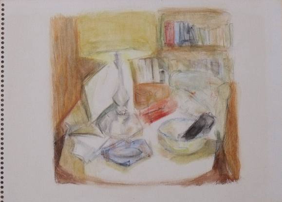 Mercedes Muñoz. “Dining room and table” pencil and color drawing on paper. Unsigned. 34x25cm.