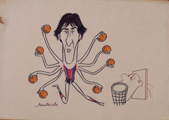 Joaquim Muntañola. Marker drawing ”F. C. Barcelona. “Epi”. Hand signed. Basketball. 35x50cm.