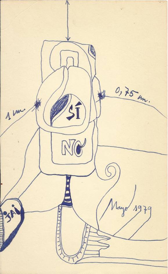 Antonio Beneyto. Ink drawing on paper. Surrealism. Unsigned. 1979. 18.5x11 cm. With lyrics by the artist.