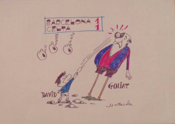 Joaquim Muntañola. Marker drawing “Barcelona 1 Celta 1” Signed by hand. Football. 35x50 cm.