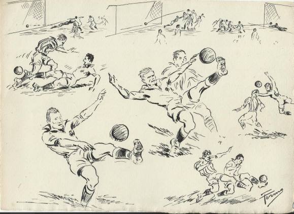 Federico Tormo Monzó. Ink drawing. Valencia C.F. 1951. Football. Hand-signed. 24x17 cm.