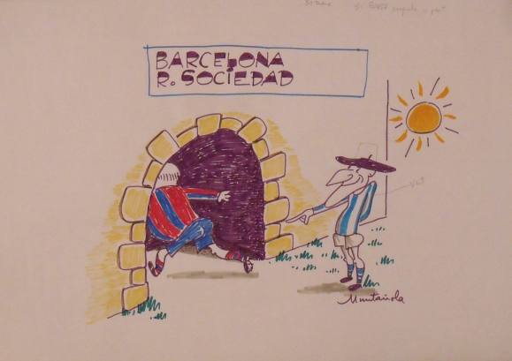 Joaquim Muntañola. “Barcelona - Real Sociedad” marker drawing. Hand signed. Soccer. 35x50cm. 