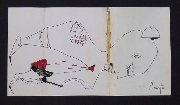 Antonio Beneyto. Ink and color drawing on paper. Surrealism. Hand signed. 16.5x30cm.