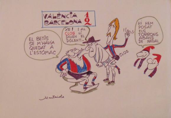 Joaquim Muntañola. Marker drawing “Valencia 1 Barcelona 2” Hand signed. Football. 35x50 cm.
