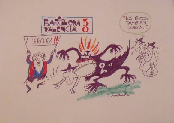 Joaquim Muntañola. Marker drawing “Barcelona 3 Valencia 0” Signed by hand. Football. 35x50 cm.