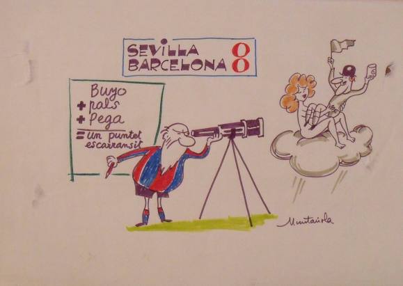 Joaquim Muntañola. Marker drawing “Sevilla 0 Barcelona 0” Signed by hand. Football. 35x50 cm.