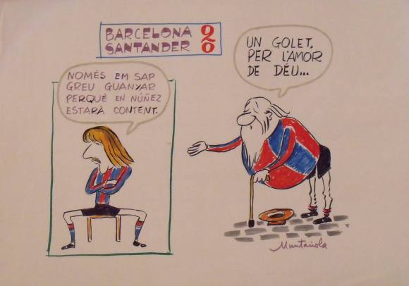 Joaquim Muntañola. Marker drawing “Barcelona 2 Santander 0” Signed by hand. Football. 35x50 cm.