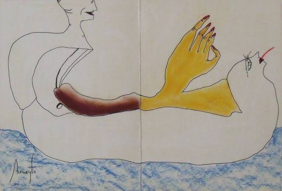 Antonio Beneyto. Ink and color drawing on paper. Surrealism. Hand signed. 39.5x27.5cm. 