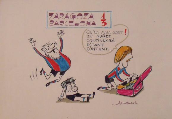 Joaquim Muntañola. Marker drawing “Zaragoza 1 Barcelona 3” Hand signed. Football. 35x50 cm.