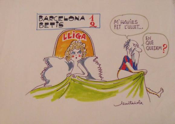 Joaquim Muntañola. Marker drawing “Barcelona 1 Betis 2” Hand signed. Football. 35x50 cm.