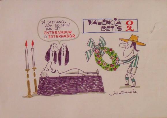 Joaquim Muntañola. Marker drawing “Valencia 0 Betis 2”. Hand signed. Football. 35x50 cm.