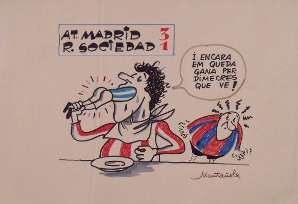 Joaquim Muntañola. Marker drawing “At. Madrid 3 Real Sociedad 1”. Hand signed Football. 35x50 cm.