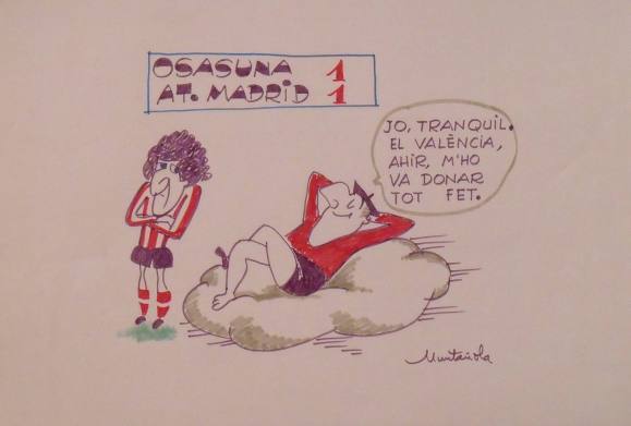 Joaquim Muntañola. Marker drawing “Osasuna 1 At. Madrid 1”. Signed by hand. Football. 35x50 cm.