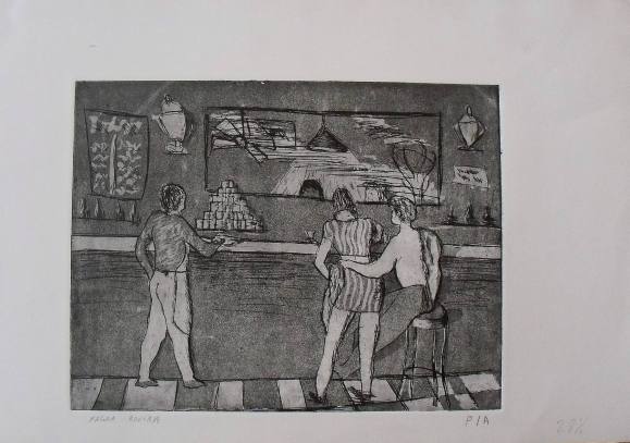 Magda Rovira. Engraving “Bar of a nightclub”. Artist's proof. Hand-signed. 35x51 cm.