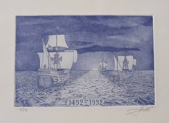 Albert Vidal. Engraving “Caravels 1492-1992”. Numbered 5/50. Hand signed. 23.5x32 cm. 1992.