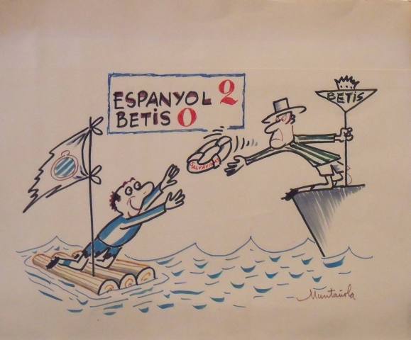 Joaquim Muntañola. Marker drawing “Espanyol 2 Betis 0”. Hand-signed. Football. 41x50 cm.