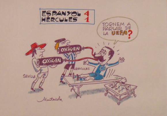 Joaquim Muntañola. Marker drawing “Espanyol 4 Hércules 1”. Signed by hand. Football. 35x50 cm.