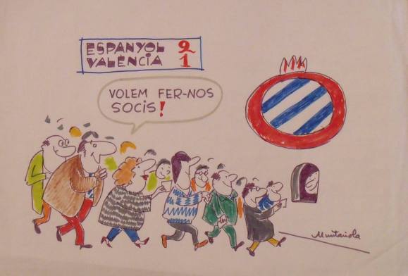 Joaquim Muntañola. Marker drawing “Espanyol 2 Valencia 1”. Hand signed. Football. 35x50 cm.